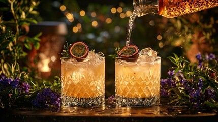 Canvas Print -   A close-up of a drink being poured into a glass with a garnish on the rim and garnish