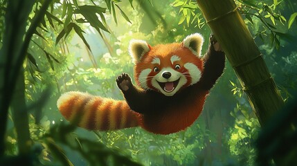 Poster -   Red Panda on Bamboo Tree - A captivating painting shows a Red Panda perched on a Bamboo Tree, its mouth open and tongue extended