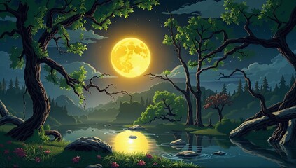 Wall Mural - A Dreamy Moonlit Landscape