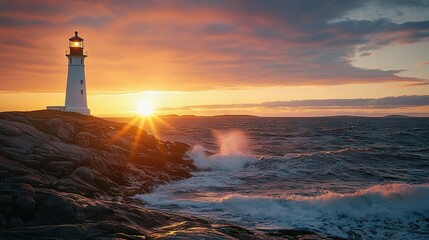 Wall Mural - a lighthouse perches atop a rocky cliff, overlooking waves that crash against the shore