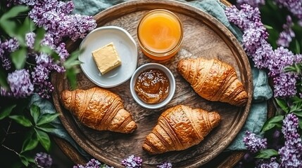 Wall Mural -   A croissant-filled plate, accompanied by butter and an orange juice cup, rests beside vibrant purple blooms