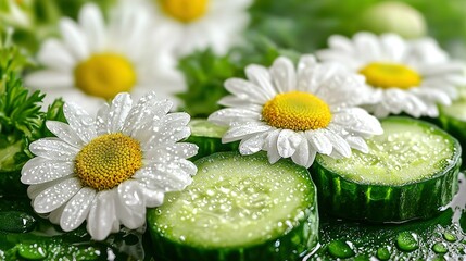 Sticker -   Close-up of cucumbers with water drops and daisies in the center