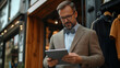 © Visual Studio - Tailor or business manager of clothing store standing in front of shop with tablet