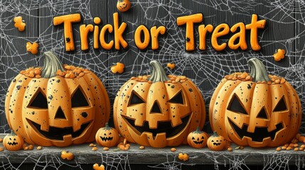 Wall Mural - Trick or Treat sign: Halloween background image for invitation, greeting card, poster, flyer, banner. Jack o lantern. Pumpkin. Season. October. Festive