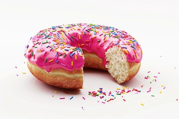 Pink frosted donut with sprinkles  isolated on white background.