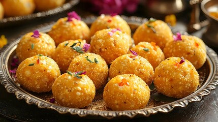 Wall Mural - Delicious Golden Sweet Balls on a Silver Plate with Flower Petals