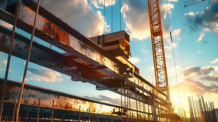 A construction crane lifting steel beams.