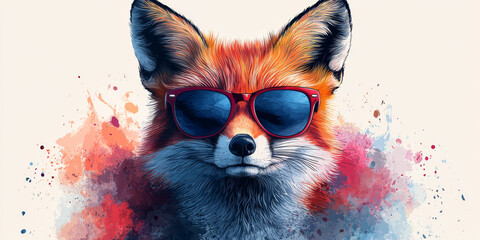 Wall Mural - Cool fox wearing sunglasses with a watercolor background.