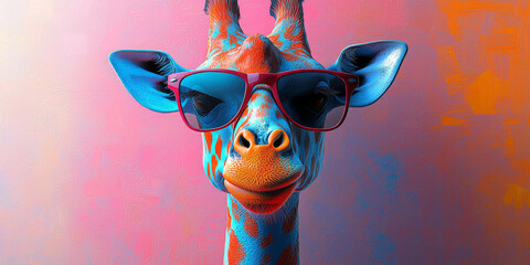 Wall Mural - A cool giraffe wearing sunglasses, looking directly at the camera against a pink and orange backdrop.