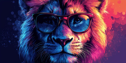 A cool lion with sunglasses, a vibrant digital illustration.