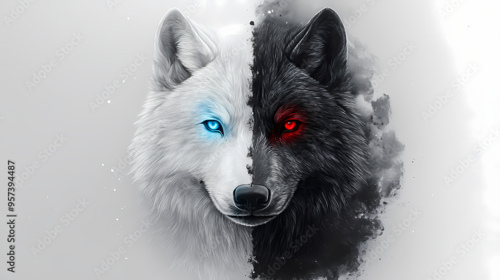 Ilustración de Stock Wolf head portrait half white with blue eyes and ...