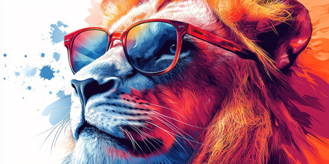 Wall Mural - A close-up of a lion's face wearing sunglasses with a cool, confident expression.