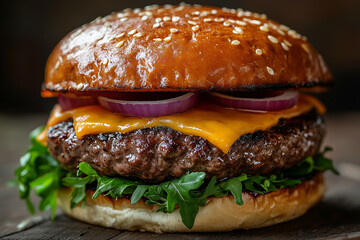 hamburger on a wooden table