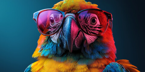 Wall Mural - A colorful parrot wearing pink sunglasses stares directly at the camera.