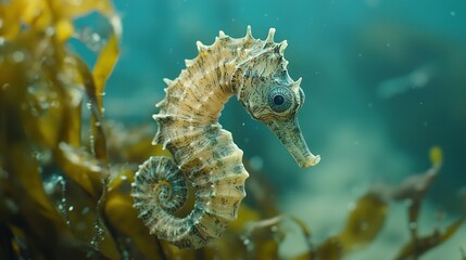   Close-up of a sea horse on a seaweedy oceanbed with blue water in the background and yellow seaweed in the foreground