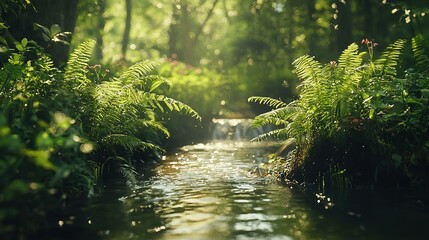 Poster -  A lush green forest houses numerous trees, while a stream meanders through it