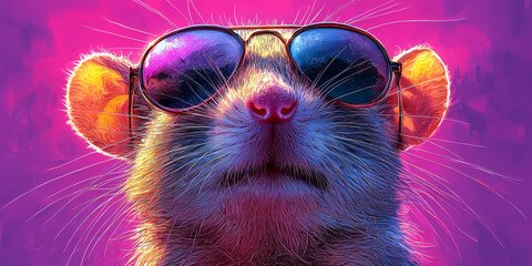 Wall Mural - A cool rat wearing sunglasses against a pink background.