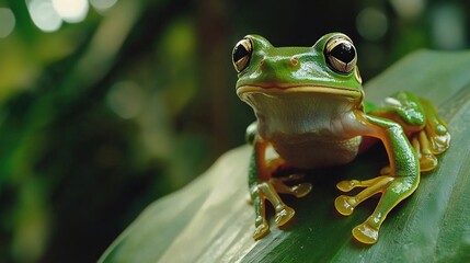 Wall Mural -   A close-up of a frog perched on a leaf, with a blurred background both behind and in front