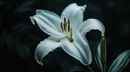 Poster -   A white flower with water droplets on its petals against a green leafy backdrop