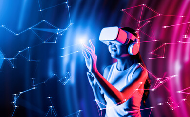 Wall Mural - Smart female standing surrounded by neon light wearing VR headset connecting metaverse, future cyberspace community technology. Elegant woman using finger touch virtual reality object. Hallucination.