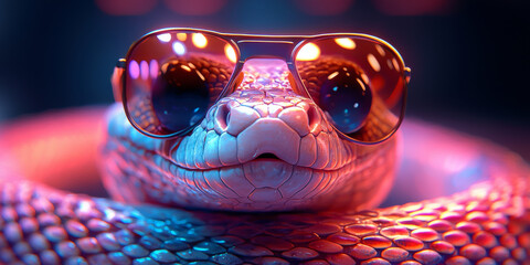 Wall Mural - A cool snake in sunglasses posing for a photo in a colorful light.