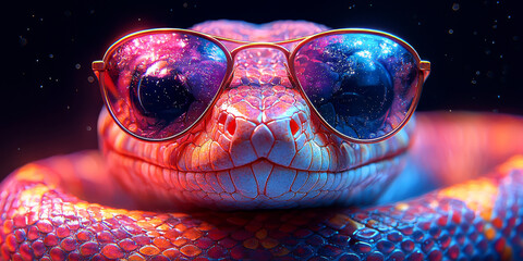 Wall Mural - A close-up of a snake wearing sunglasses. The snake's scales are bright orange and red, and the sunglasses reflect a blue and purple nebula.