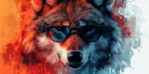 Wall Mural - A wolf wearing sunglasses with a cool and confident expression, set against a vibrant abstract background of red, orange, and blue.