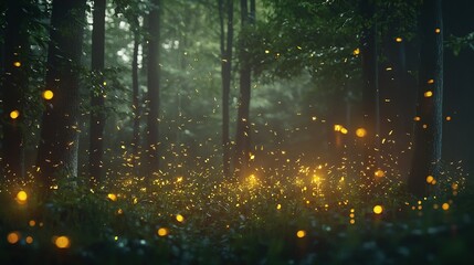 Wall Mural - through the lush green forest, a group of fireflies flew, their yellow lights illuminating the dark