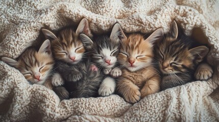 Poster -   A group of kittens sleeping on top of a blanket over a bed