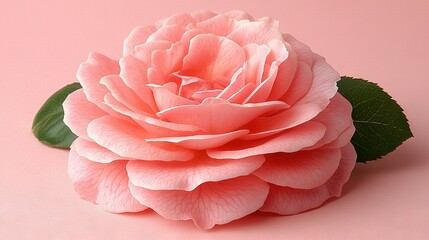 Poster -   A pink flower on a pink background with a green leaf