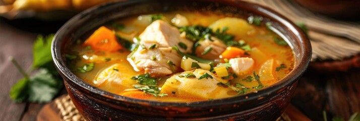 Poster - Close-up of a bowl of ajiaco soup featuring chicken and vegetables on a table. Horizontal composition.