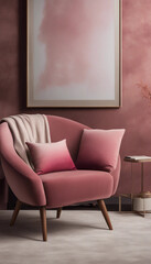 a modern interior setting with a pink two-seater sofa adorned with two matching cushions. A soft beige throw is draped over one side of the sofa. The wall behind the sofa is painted in a deep mauve, c