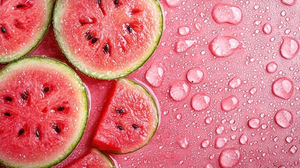 Wall Mural -   A collection of juicy watermelon slices resting atop a soft pink background, adorned with droplets of water