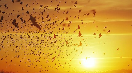 Sticker -   A flock of birds flying in front of the sun at sunset or sunrise or sunset