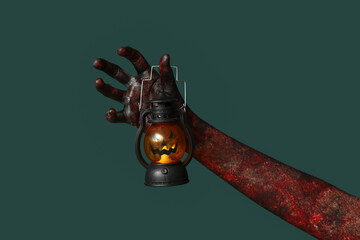 Hand of zombie with lantern on green background. Halloween celebration