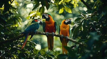 Poster -   Three brightly-colored parrots perched on a leafy branch in a sunlit tree, surrounded by vibrant foliage in the foreground and background