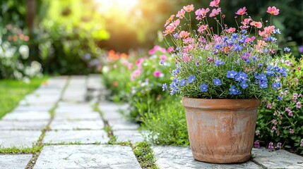 Poster -   A potted plant sits on a stone walkway beside a garden bursting with purple and blue flowers