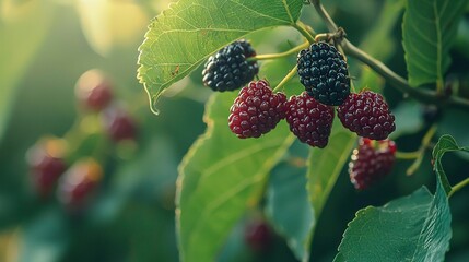 Wall Mural -   Raspberries grow on tree branches with green leaves in the foreground, bathed in sunlight filtering through the foliage