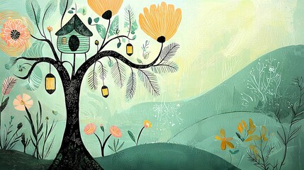 Canvas Print -  Tree with Birdhouse & Flowers