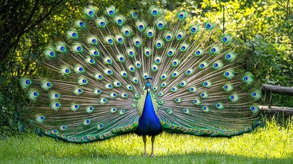 Sticker -   A magnificent peacock displays its radiant feathers in front of a green field surrounded by tall trees