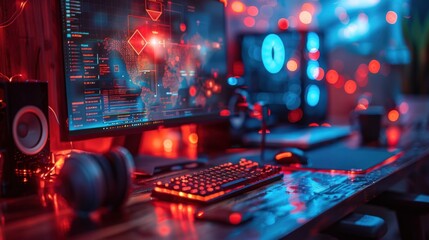 Modern web design workspace with vibrant lighting and technology setup at night