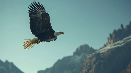 Canvas Print -   A bald eagle soars through the air against mountainous backgrounds