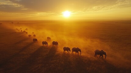 Poster -   A group of horses grazes on a green field beneath a golden sky as the sun sets behind them