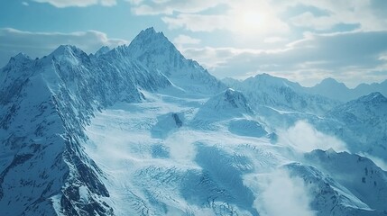 Wall Mural -   A serene mountain range blanketed in pristine white snow, bathed beneath a vibrant blue sky and kissed by golden sunlight atop its highest peak