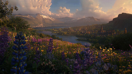 Poster -   A stunning view of a mountain range with vibrant flowers in the foreground and a serene lake in the background The majestic mountains rise in the distance, adding to the breathtaking