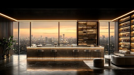 Canvas Print -   A spacious living room boasts a sleek bar at its center, offering stunning views of the city beyond