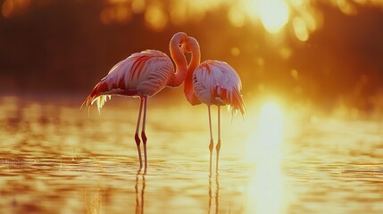 Poster -   Flamingos standing in water at sunset