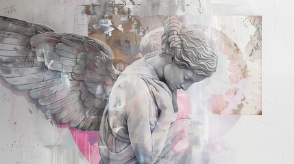 Pintura abstracta de ángel, con colores rosa y gris. Pintura detallada de una antigua estatua griega al estilo del arte barroco. Collage de técnica mixta, fondo blanco