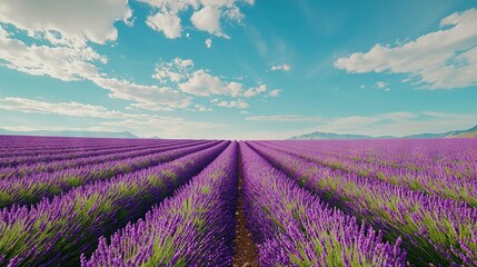 Sticker -   A vast expanse of lavender blossoms beneath a cerulean sky, dotted with fluffy white clouds and towering mountains in the background