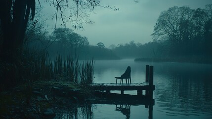 Wall Mural -   A person on a chair at a dock in a foggy lake